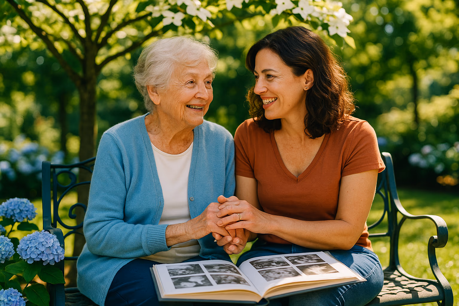 An adult daughter sits beside her elderly mother in a bright sunlit garden discussing demential care options with warmth, patience, and reassurance.