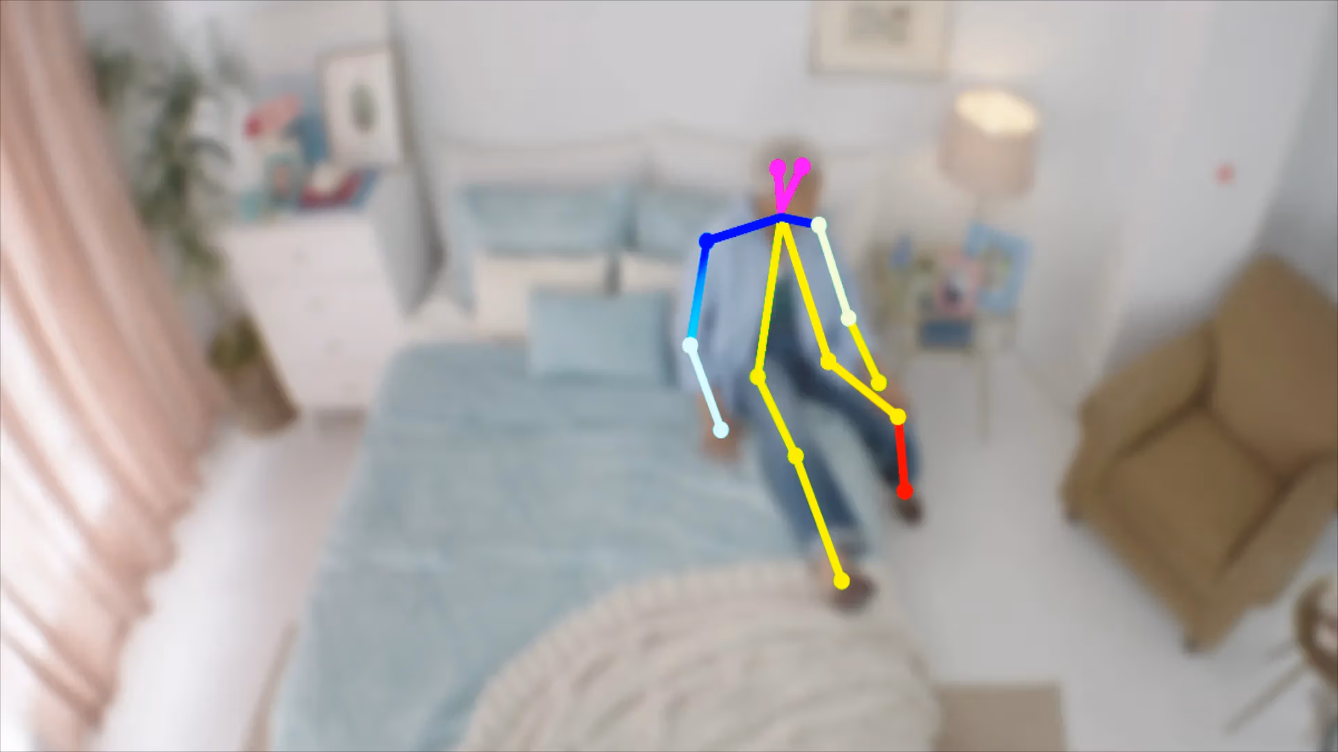 AUGi's privacy-first view — a resident shown only as an anonymized motion skeleton over a softly blurred apartment