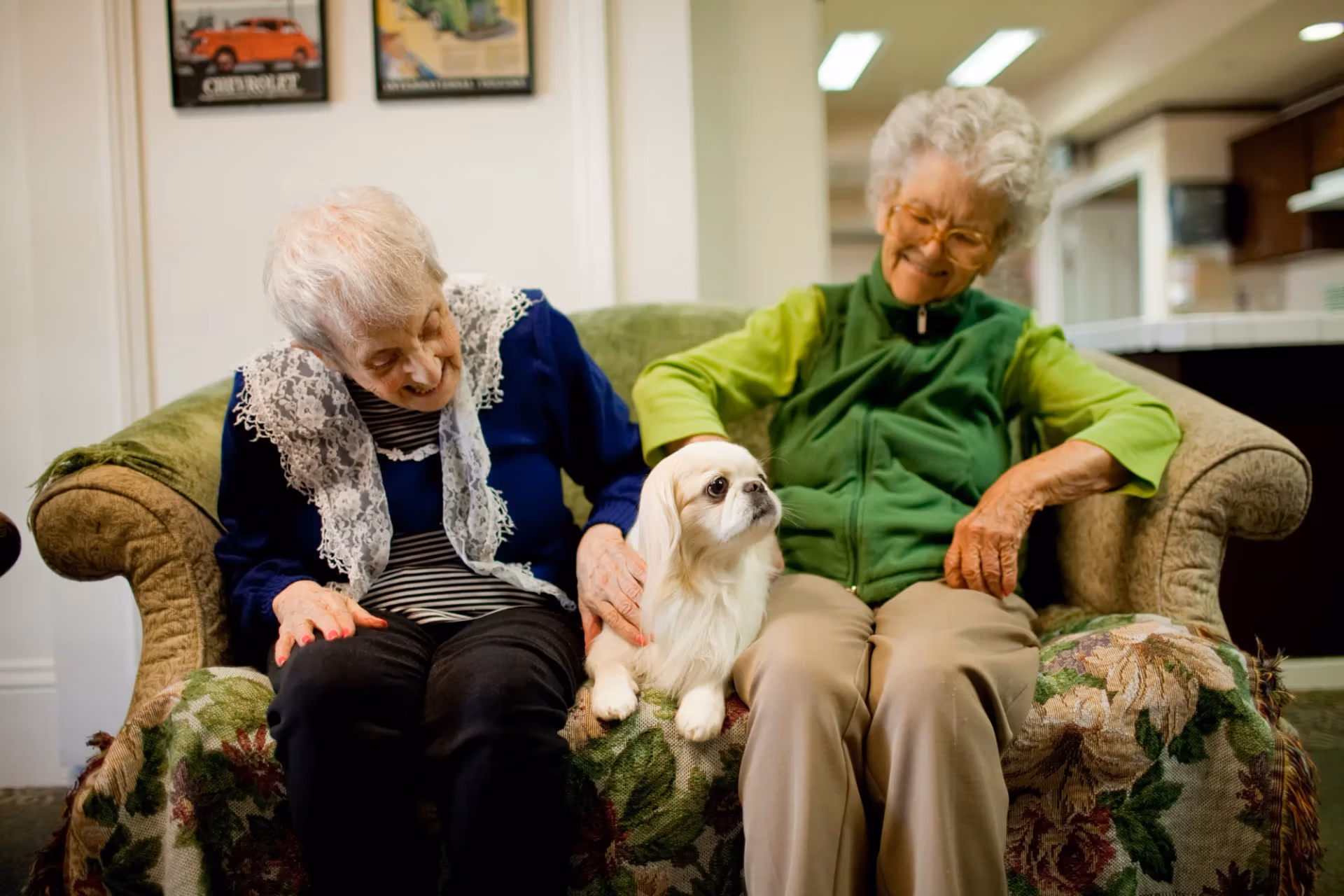 Two friends sharing a couch with a visiting puppy