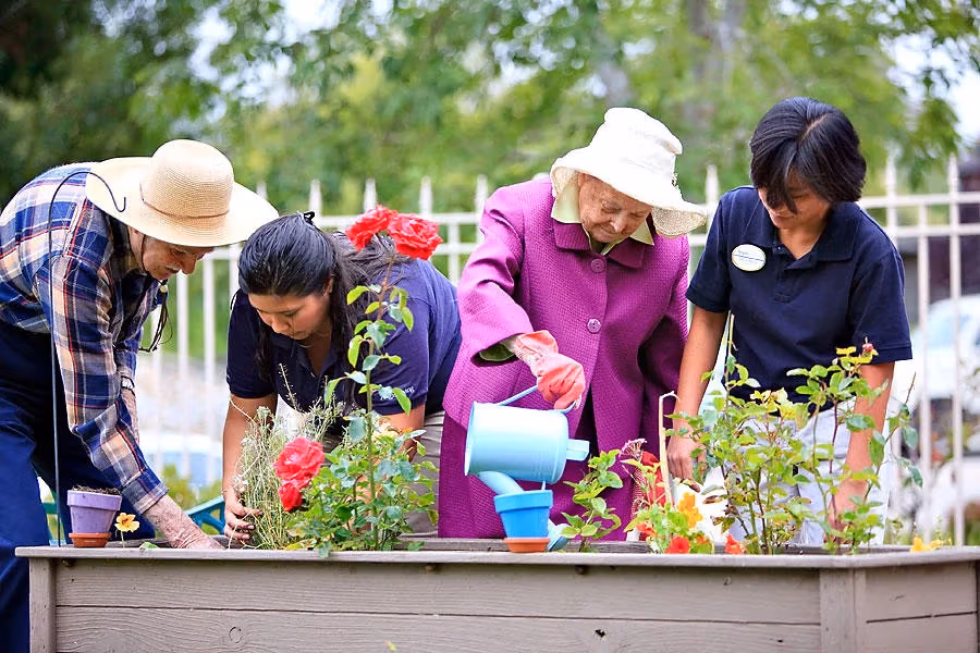 Residents gardening with a team member in the community courtyard
