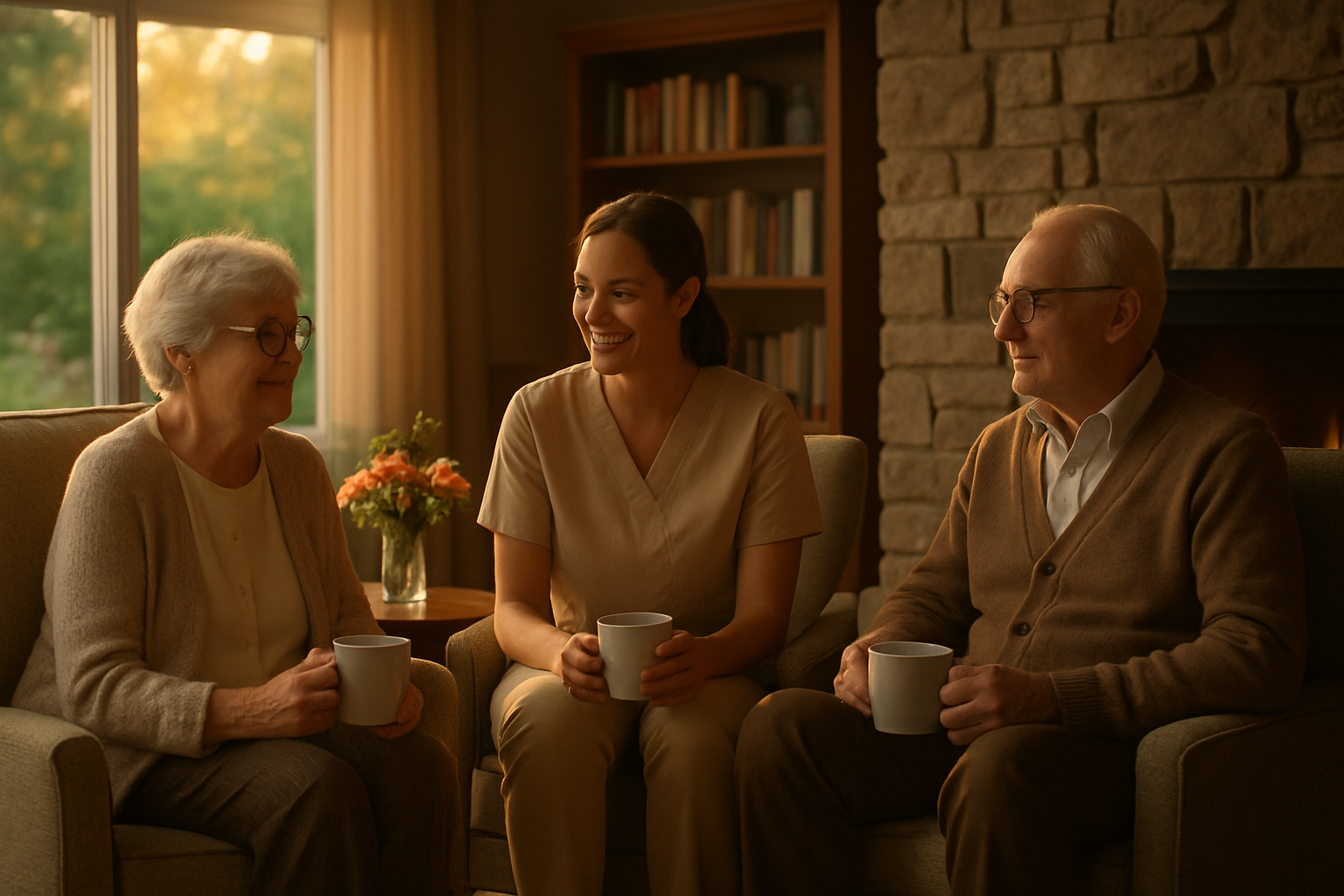 Warm sunlit common room at an Aegis Living community where a caregiver shares coffee with two smiling senior residents beside a stone fireplace.