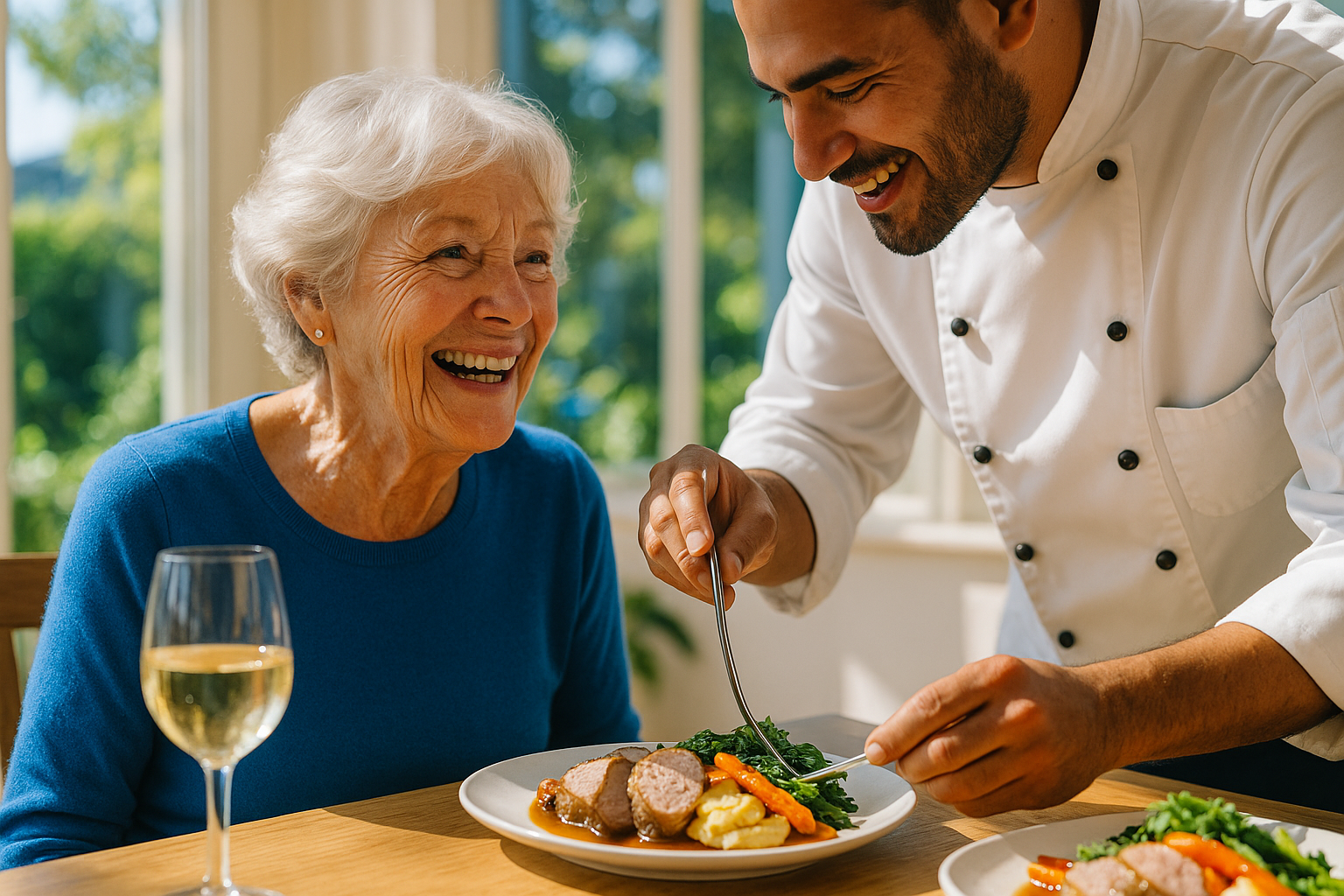 Chef plating dinner for smiling resident
