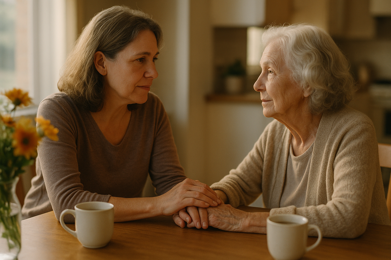 Adult daughter holding her elderly mother's hand at a sunlit kitchen table during a caring conversation